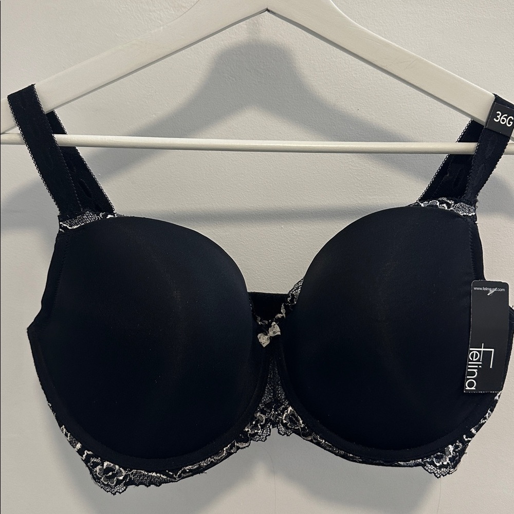 Felina Madison Bra 36G Black Full Coverage Underwire NWT Lace Trim